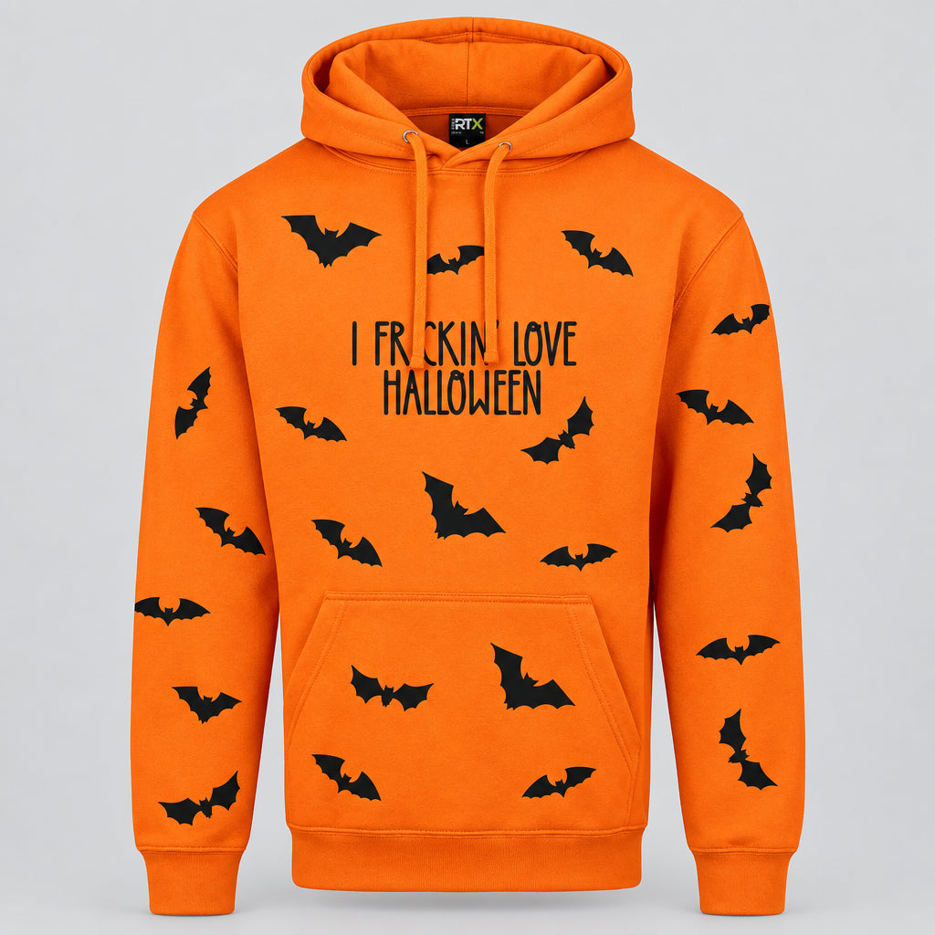 Bright orange pullover hoodie with black bat silhouettes scattered across the front and the text 'I F*CKING LOVE HALLOWEEN' printed in black across the chest. Features a drawstring hood, kangaroo pocket, and ribbed cuffs and hem.