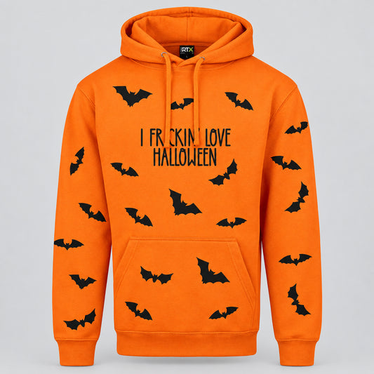 Bright orange pullover hoodie with black bat silhouettes scattered across the front and the text 'I F*CKING LOVE HALLOWEEN' printed in black across the chest. Features a drawstring hood, kangaroo pocket, and ribbed cuffs and hem.