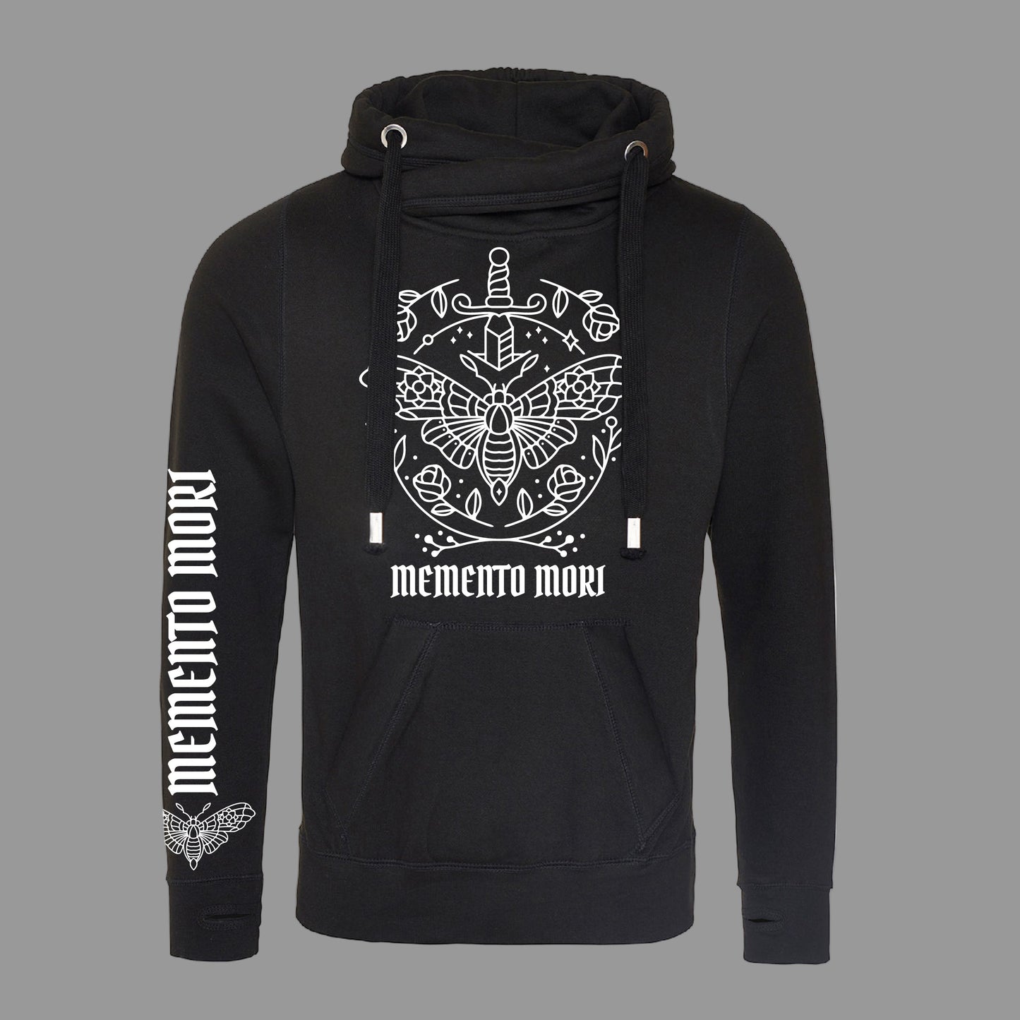 Black hoodie with white graphic design and 'memento mori' text on a white background