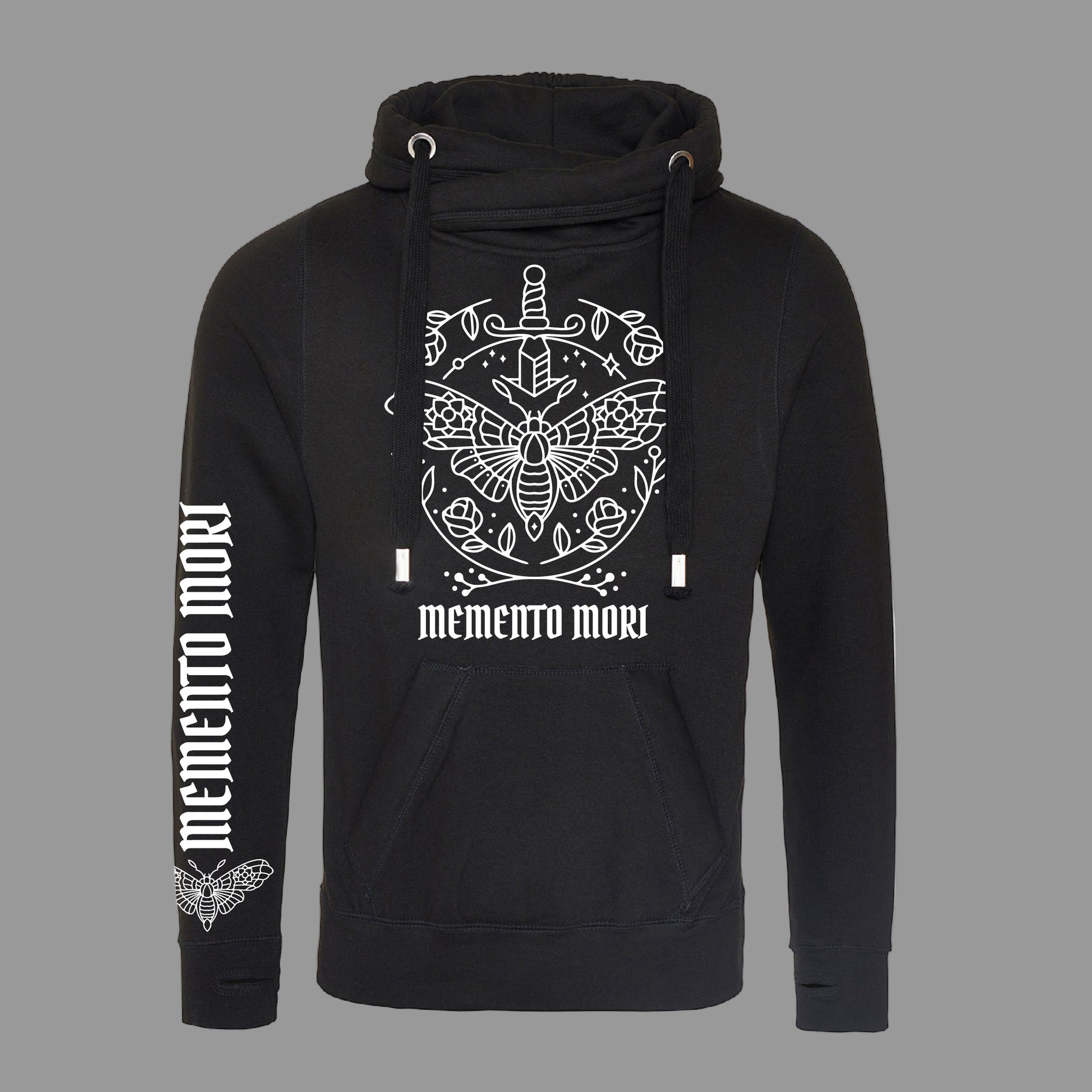 Black hoodie with white graphic design and 'memento mori' text on a white background