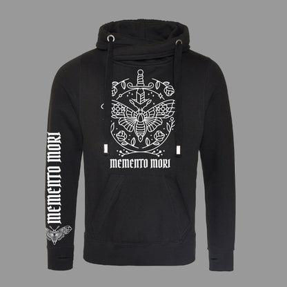 Black hoodie with white graphic design and 'memento mori' text on a white background