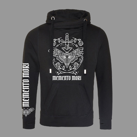 Black hoodie with white graphic design and 'memento mori' text on a white background